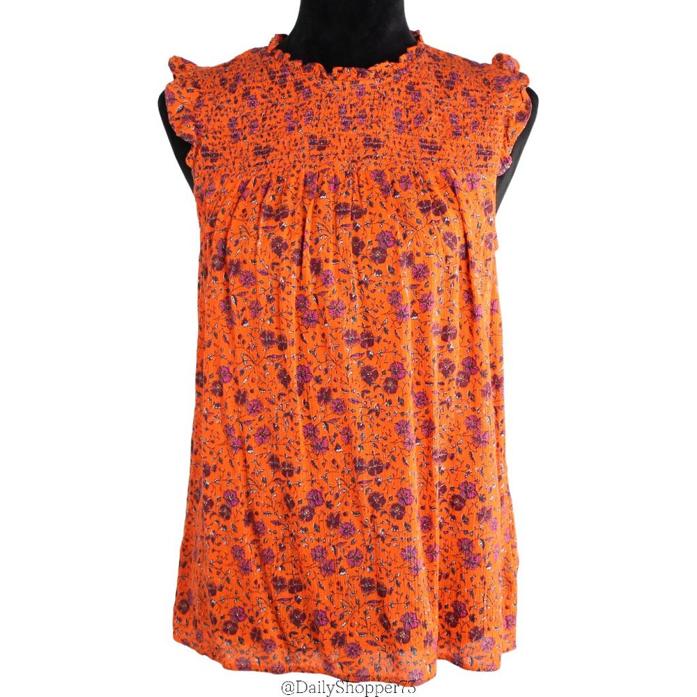 Old Navy Women's Vibrant Orange Floral Smocked Yoke Sleeveless Baby Doll Blouse